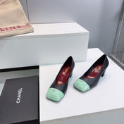 CHANEL 26S SQUARE-TOE HIGH HEELS 55 MM IN BLACK LAMBSKIN WITH MINT GREEN CAP TOE