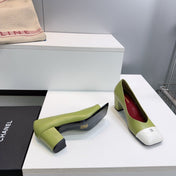 CHANEL 26S SQUARE-TOE HIGH HEELS 55 MM IN GREEN LAMBSKIN WITH WHITE CAP TOE