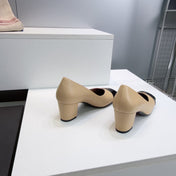 CHANEL 26S SQUARE-TOE HIGH HEELS 55 MM IN BEIGE LAMBSKIN WITH BLACK CAP TOE