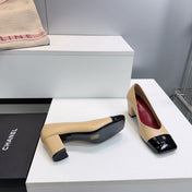 CHANEL 26S SQUARE-TOE HIGH HEELS 55 MM IN BEIGE LAMBSKIN WITH BLACK CAP TOE