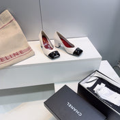 CHANEL 26S SQUARE-TOE HIGH HEELS 55 MM IN WHITE LAMBSKIN WITH BLACK CAP TOE