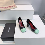 CHANEL 26S SQUARE-TOE HIGH HEELS 95 MM IN BLACK LAMBSKIN WITH MINT GREEN CAP TOE