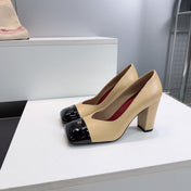 CHANEL 26S SQUARE-TOE HIGH HEELS 95 MM IN BEIGE LAMBSKIN WITH BLACK CAP TOE
