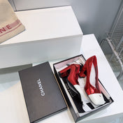 CHANEL 26S SQUARE-TOE HIGH HEELS 95 MM IN RED GLOSSY LAMBSKIN WITH WHITE CAP TOE