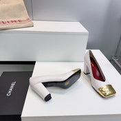 CHANEL 26S SQUARE-TOE HIGH HEELS 95 MM IN WHITE LAMBSKIN WITH GOLD CAP TOE