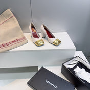 CHANEL 26S SQUARE-TOE HIGH HEELS 95 MM IN WHITE LAMBSKIN WITH GOLD CAP TOE