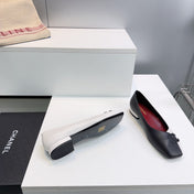 CHANEL 26S SQUARE-TOE FLATS IN BLACK AND WHITE LAMBSKIN