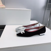 CHANEL 26S SQUARE-TOE FLATS IN SILVER LAMBSKIN AND BLACK SUEDE
