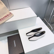 CHANEL 26S SQUARE-TOE FLATS IN WHITE LAMBSKIN WITH BLACK TRIM