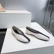 CHANEL 26S SQUARE-TOE FLATS IN WHITE LAMBSKIN WITH BLACK TRIM