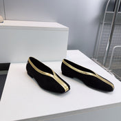 CHANEL 26S SQUARE-TOE FLATS IN BLACK SUEDE WITH GOLD PATENT TRIM