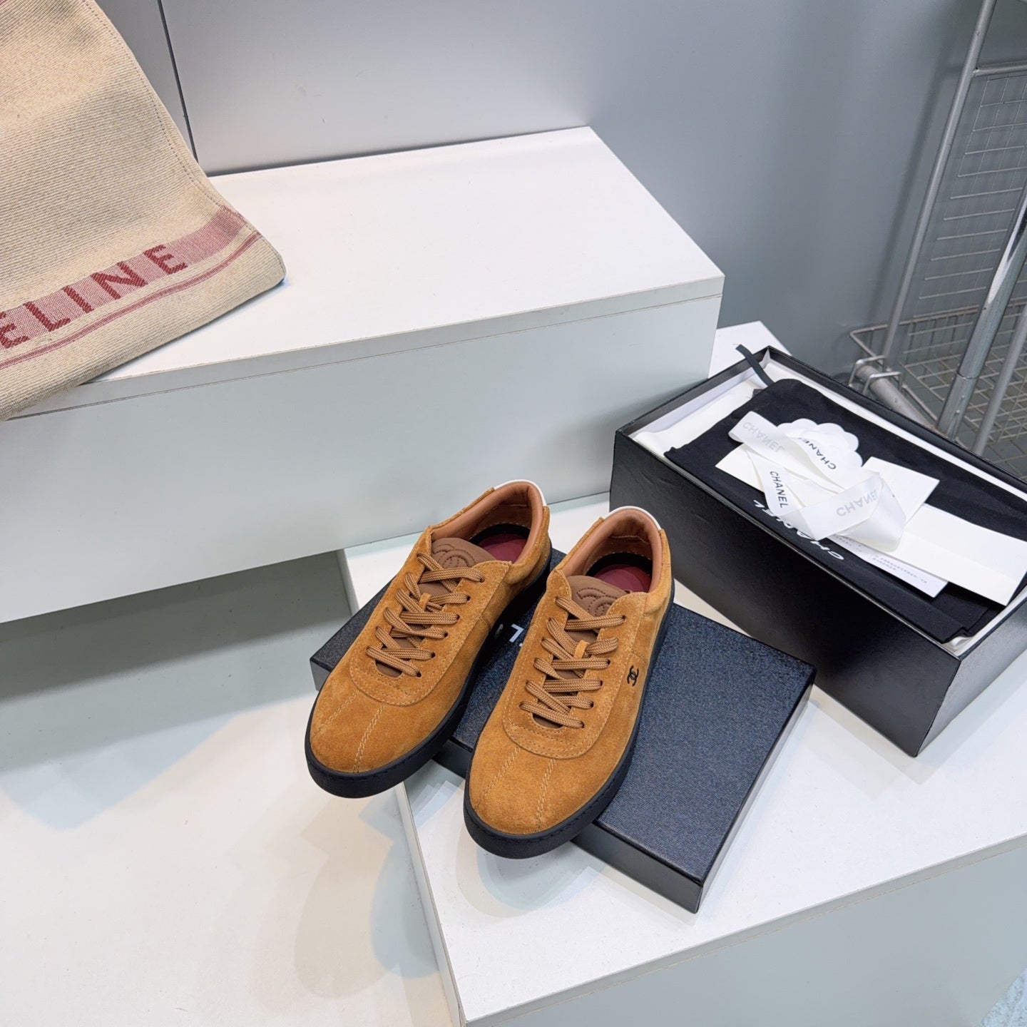 CHANEL 26S GUM SOLE SNEAKERS IN MUSTARD BROWN SUEDE