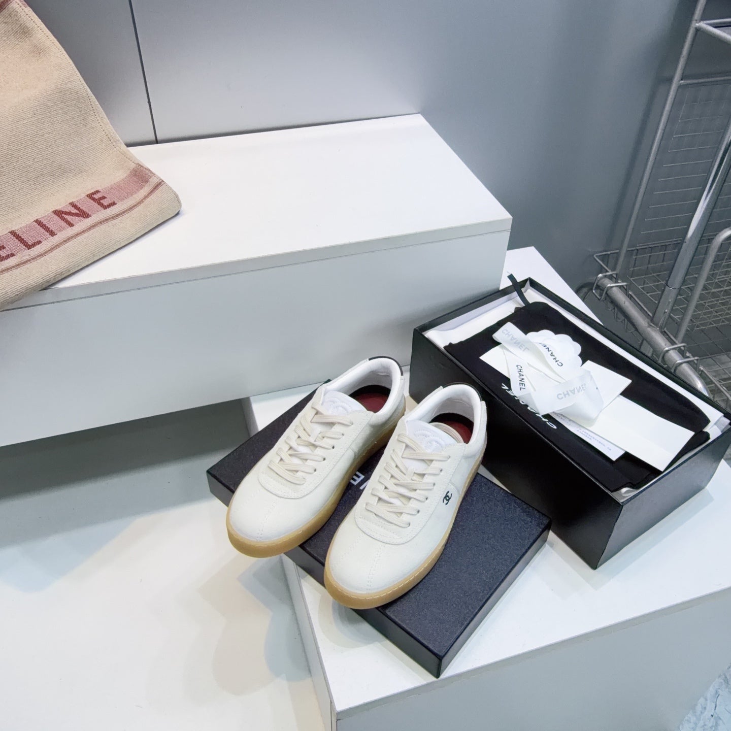 CHANEL 26S GUM SOLE SNEAKERS IN OFF-WHITE SUEDE