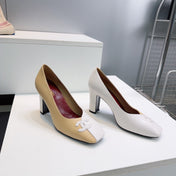 CHANEL 26S SQUARE-TOE HIGH HEELS 95 MM IN BEIGE AND WHITE LAMBSKIN
