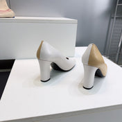 CHANEL 26S SQUARE-TOE HIGH HEELS 95 MM IN BEIGE AND WHITE LAMBSKIN