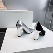 CHANEL 26S SQUARE-TOE HIGH HEELS 95 MM IN SILVER LAMBSKIN AND BLACK SUEDE