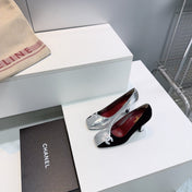CHANEL 26S SQUARE-TOE HIGH HEELS 95 MM IN SILVER LAMBSKIN AND BLACK SUEDE