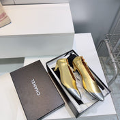 CHANEL 26S COLOR-BLOCK HIGH HEELS 45 MM IN GOLD LAMBSKIN