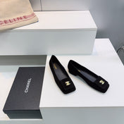 CHANEL 26S SQUARE-TOE BALLET FLATS IN BLACK SUEDE
