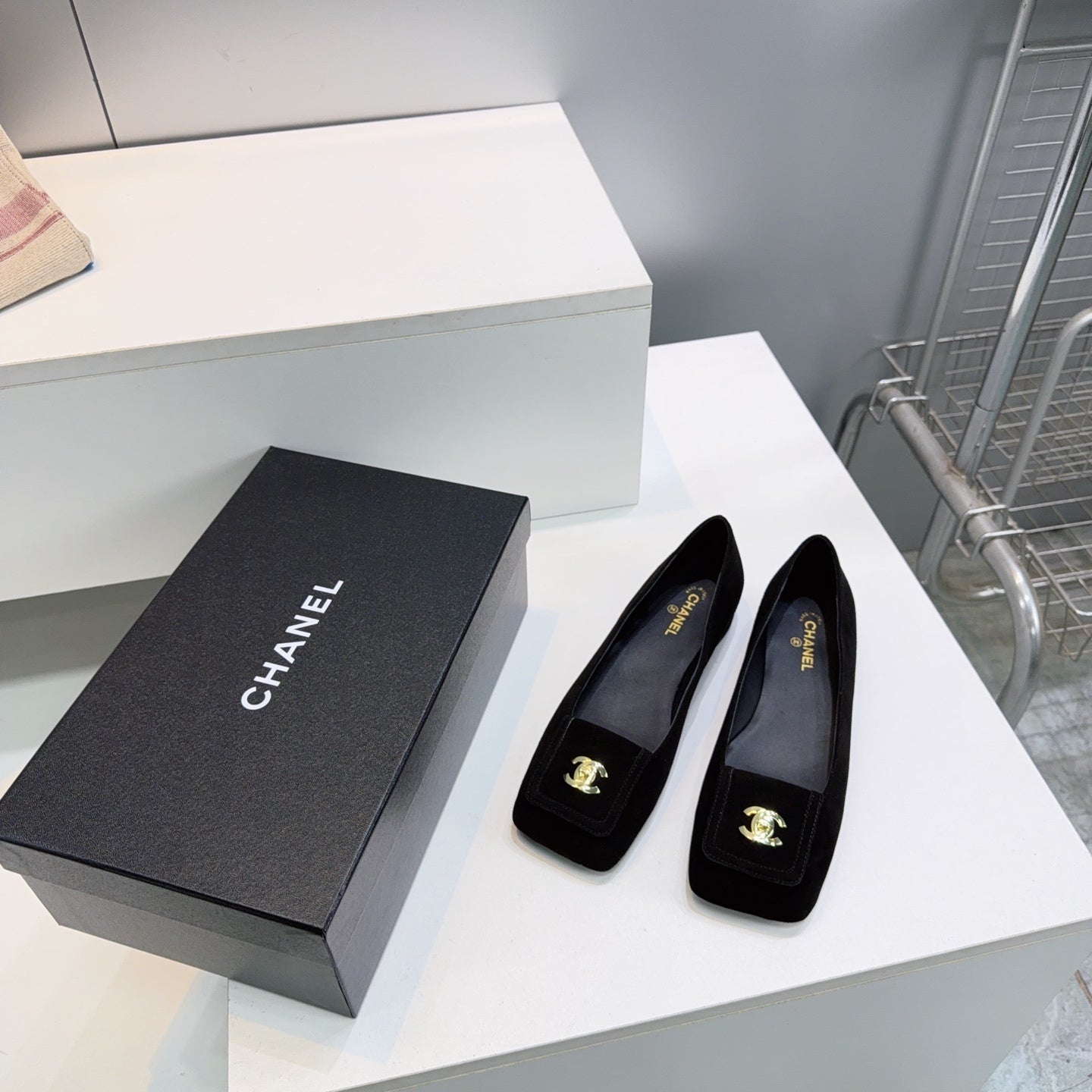 CHANEL 26S SQUARE-TOE BALLET FLATS IN BLACK SUEDE