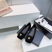 CHANEL 26S SQUARE-TOE BALLET FLATS IN BLACK SUEDE