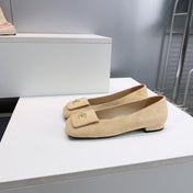 CHANEL 26S SQUARE-TOE BALLET FLATS IN BEIGE SUEDE