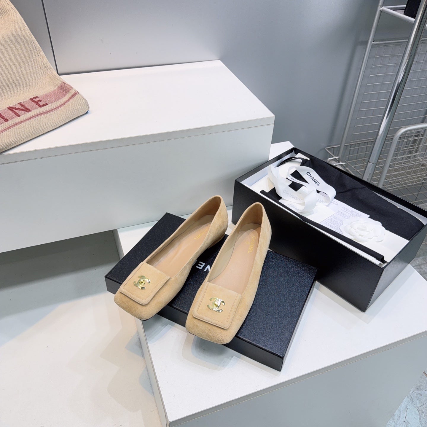 CHANEL 26S SQUARE-TOE BALLET FLATS IN BEIGE SUEDE