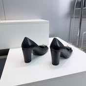 CHANEL 26S SQUARE-TOE HIGH HEELS 95 MM IN BLACK LAMBSKIN