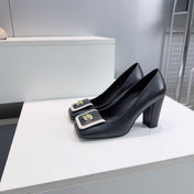 CHANEL 26S SQUARE-TOE HIGH HEELS 95 MM IN BLACK WITH WHITE TRIM LAMBSKIN