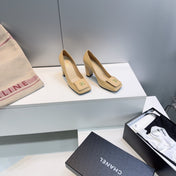 CHANEL 26S SQUARE-TOE HIGH HEELS 95 MM IN BEIGE LAMBSKIN