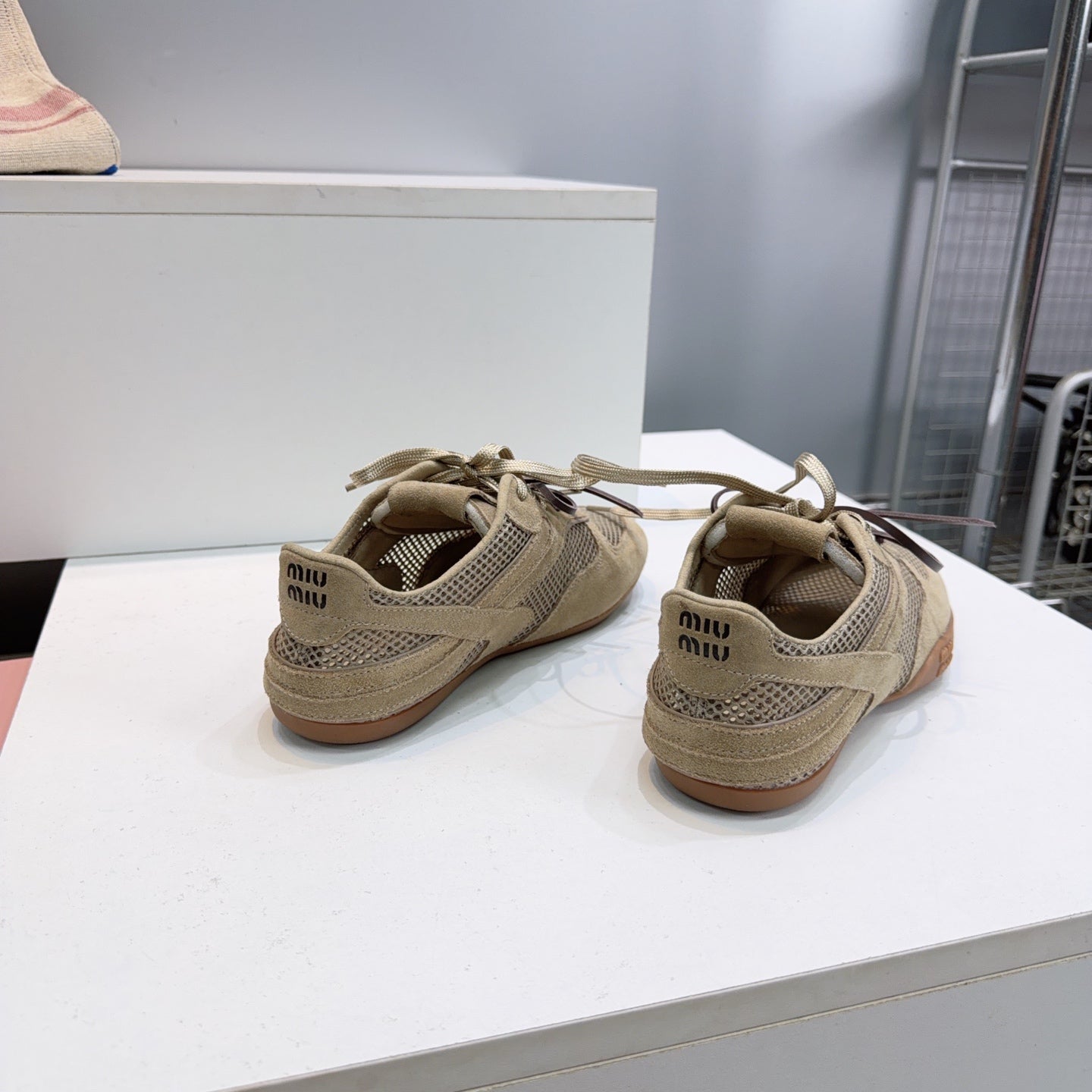 MIUMIU 26S SNEAKERS IN OLIVE BROWN MESH AND SUEDE