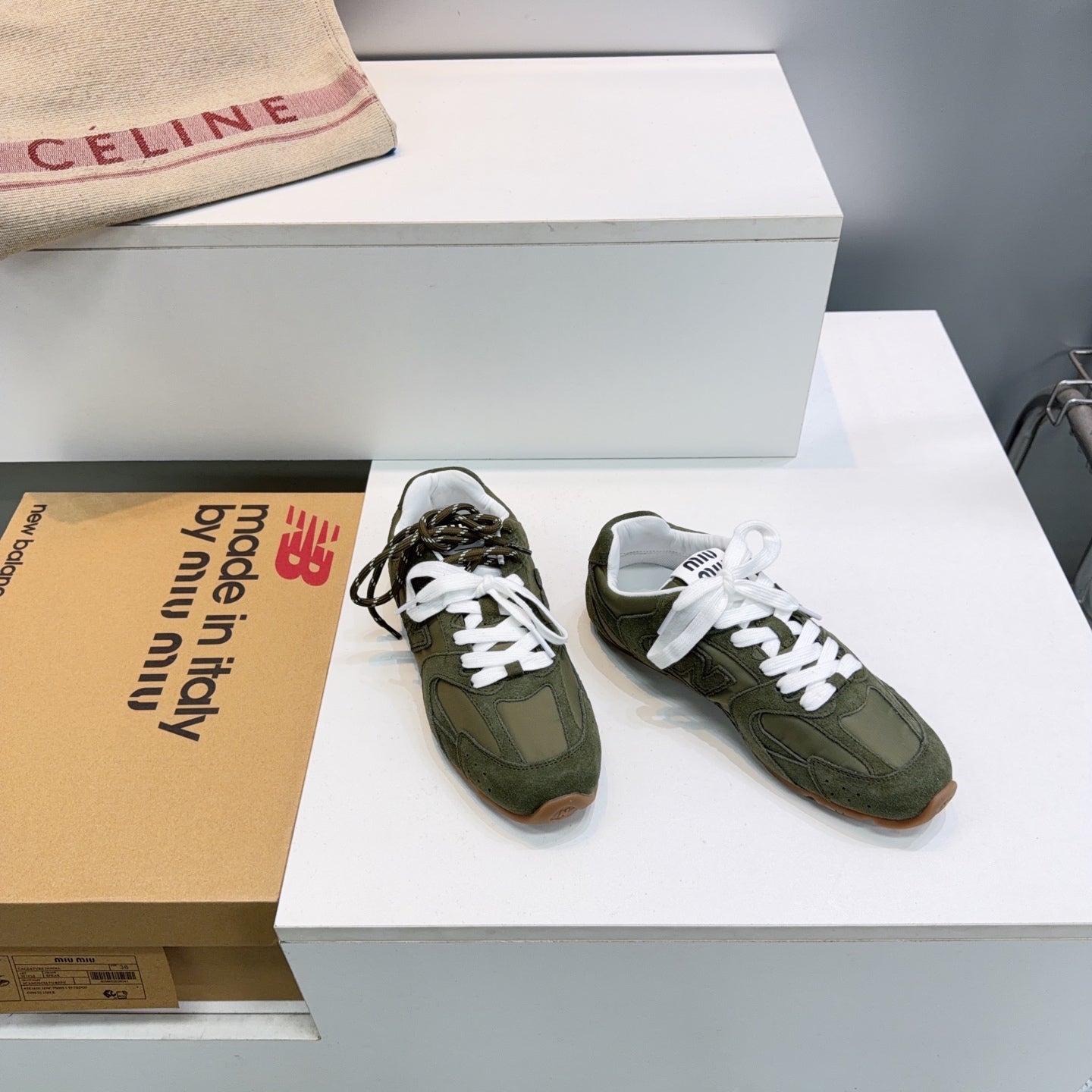 MIUMIU 26S NEW BALANCE SNEAKERS IN OLIVE GREEN SUEDE & FABRIC