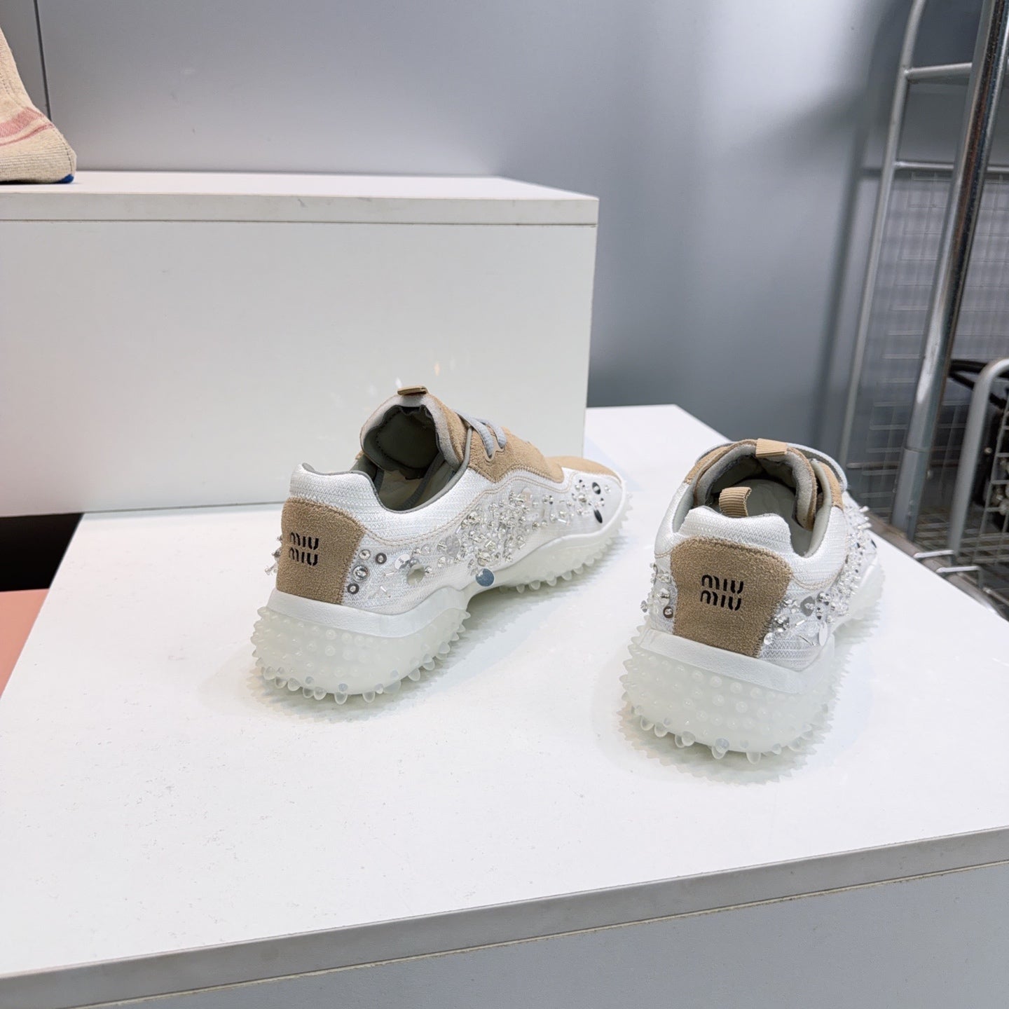 MIUMIU 26S SNEAKERS IN WHITE FABRIC AND BROWN SUEDE CRYSTAL EMBELLISHED