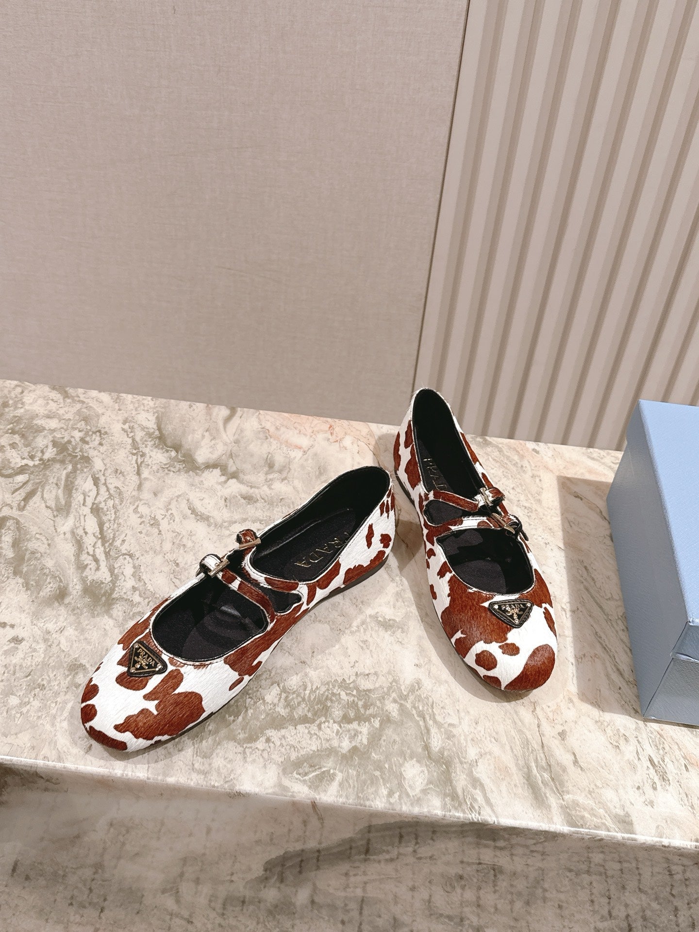 PRADA 25S CRYSTAL EMBELLISHED BALLERINA IN WHITE AND DARK BROWN FUR