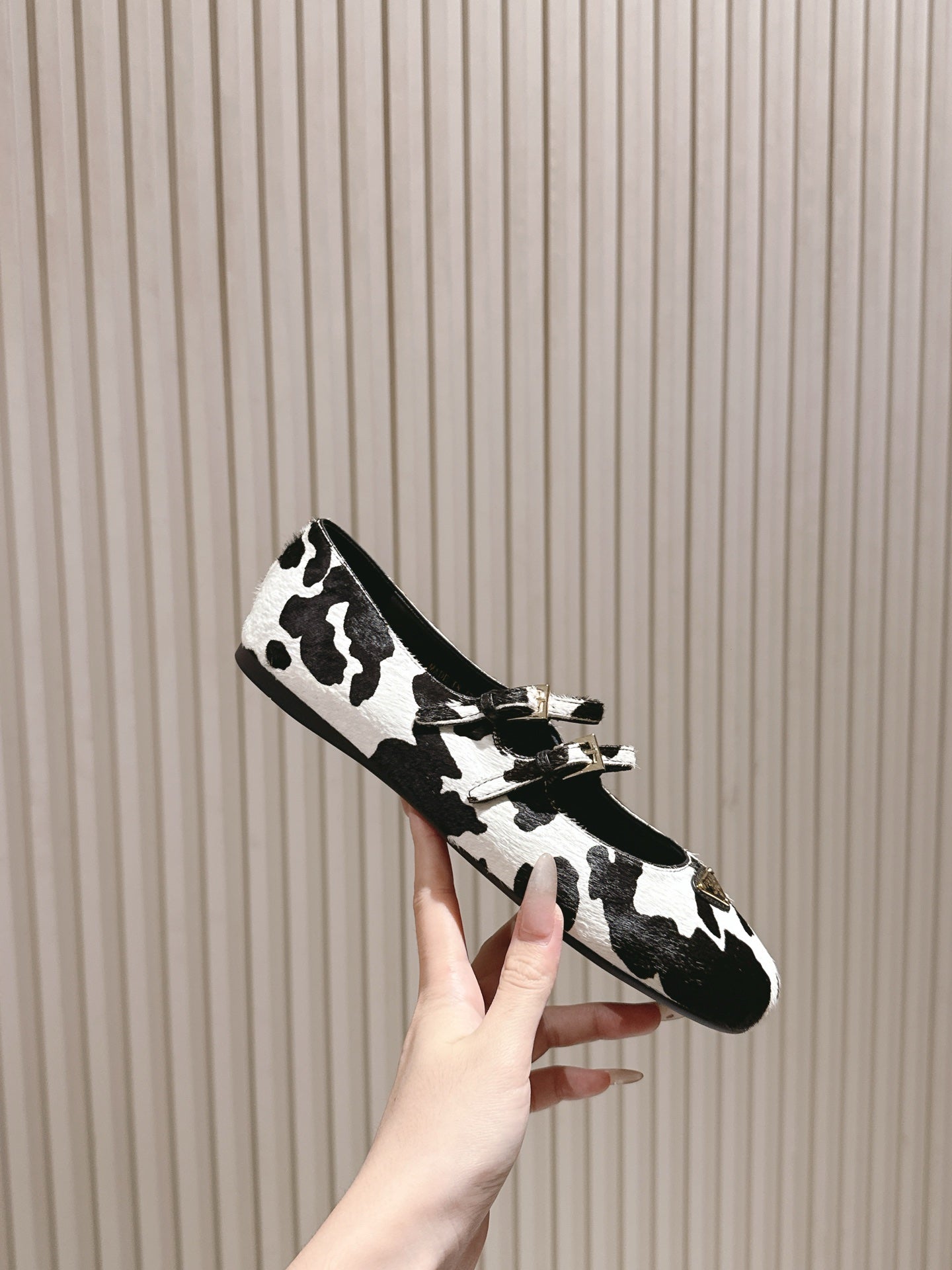 PRADA 25S CRYSTAL EMBELLISHED BALLERINA IN WHITE AND BLACK FUR