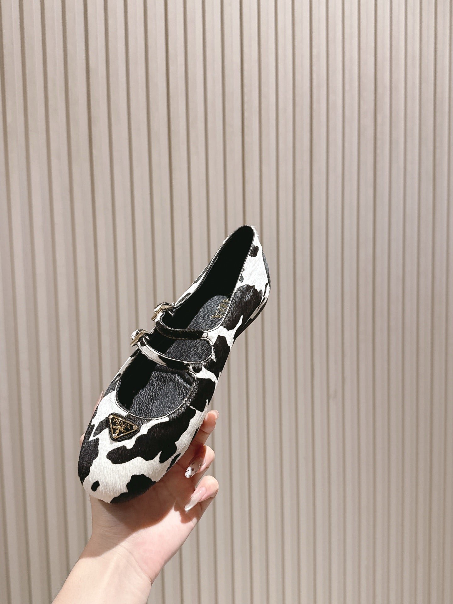 PRADA 25S CRYSTAL EMBELLISHED BALLERINA IN WHITE AND BLACK FUR