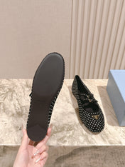 PRADA 25S CRYSTAL EMBELLISHED BALLERINA IN BLACK SUEDE