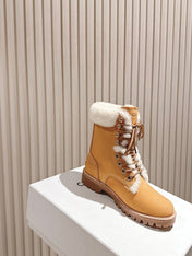 CELINE 25S KURT LACE UP MID BOOT IN MEDIUM ORANGE SUEDE AND SHEARLING