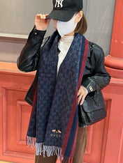SCARF 180 CM IN NAVY BLUE CASHMERE WITH BEE PATTERN 396476