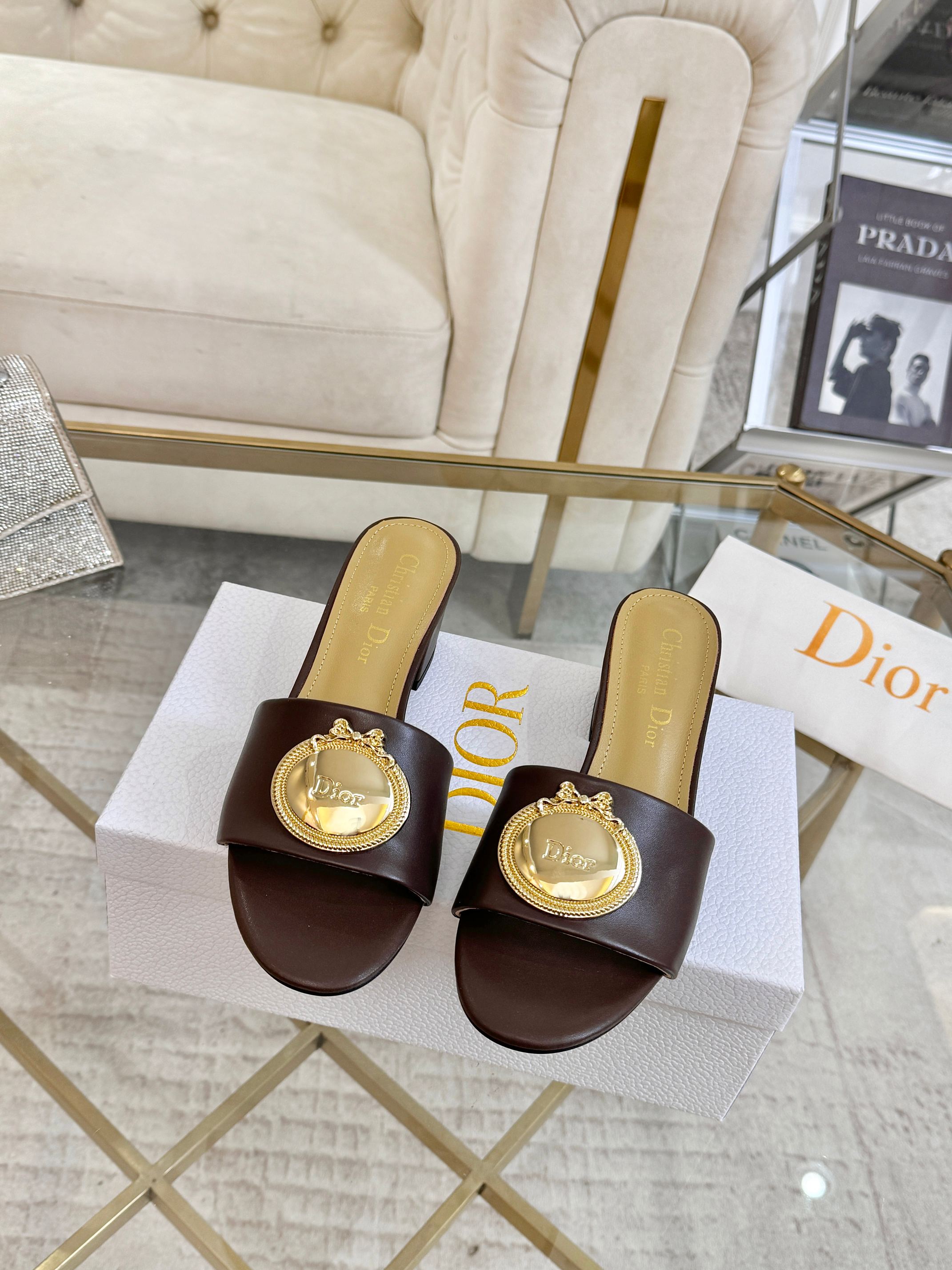 DIOR 26S HIGH-HEEL SANDALS 55MM IN DARK BROWN CALFSKIN WITH GOLD HARDWARE