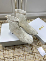 DIOR 26S ANKLE BOOTS 35MM IN WHITE FLORAL LACE MESH BLOCK HEEL