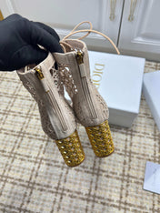DIOR 26S LACE UP ANKLE BOOTS 80MM IN BEIGE OPENWORK LACE SUEDE GOLD HEEL