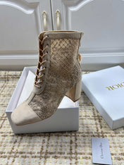 DIOR 26S LACE UP ANKLE BOOTS 35MM IN BEIGE LACE SUEDE BLOCK HEEL