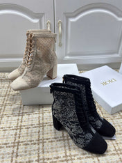 DIOR 26S LACE UP ANKLE BOOTS 35MM IN BEIGE LACE SUEDE BLOCK HEEL