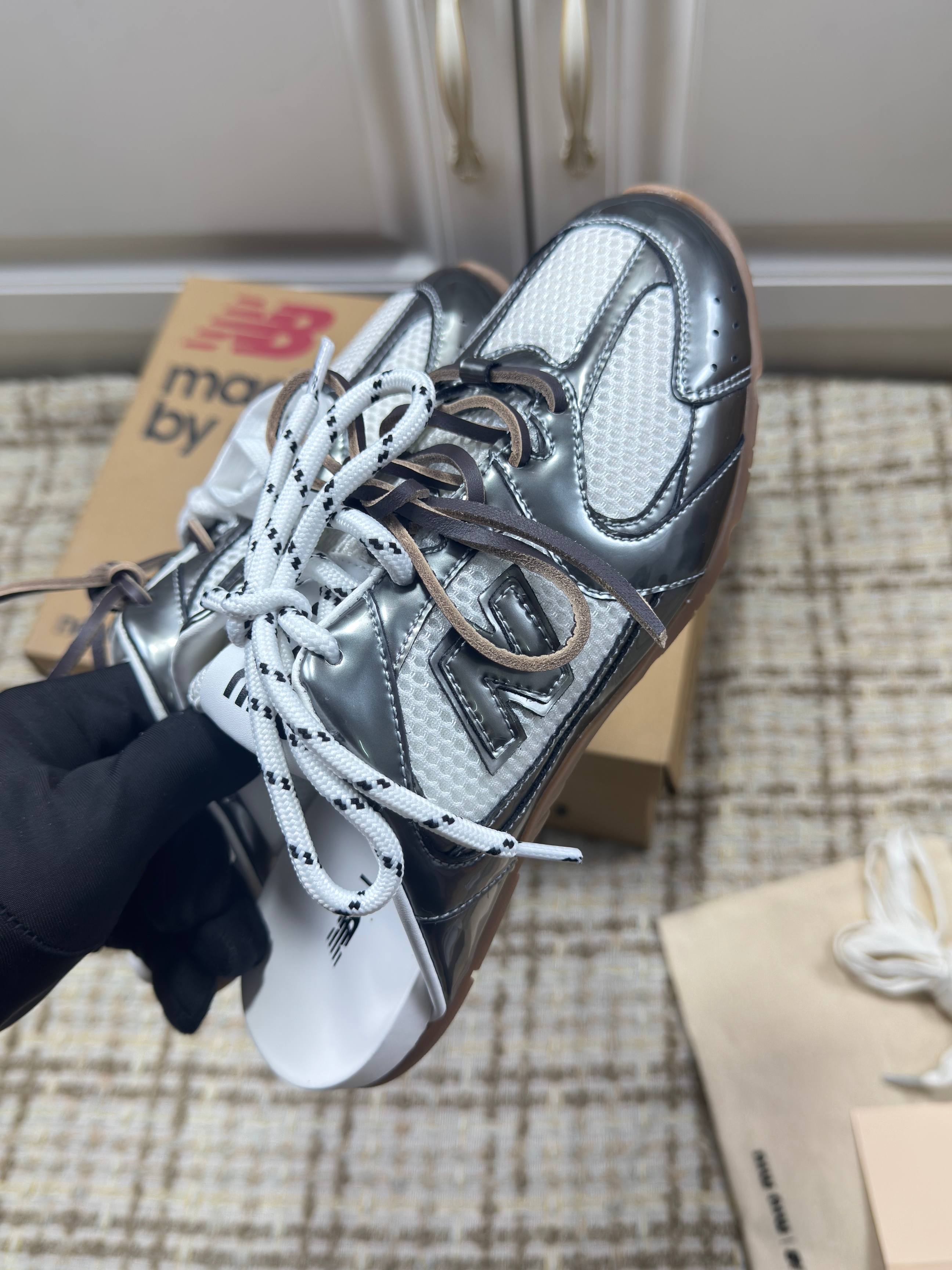 MIUMIU 26S NEW BALANCE SNEAKER MULES IN WHITE MESH AND DARK SILVER CALFSKIN