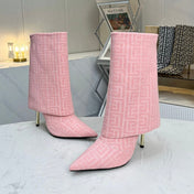 BALMAIN 26S MONOGRAM BOOTS 105 MM IN LIGHT PINK JACQUARD-WOVEN CANVAS