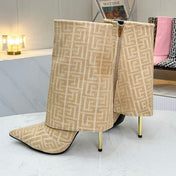 BALMAIN 26S MONOGRAM BOOTS 105 MM IN NUDE BEIGE JACQUARD-WOVEN CANVAS
