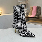 BALMAIN 26S MONOGRAM BOOTS 105 MM IN BLACK AND WHITE JACQUARD-WOVEN CANVAS
