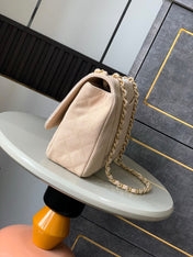 CHANEL 25S CLASSIC FLAP 26 CM IN LIGHT BEIGE CANVAS EMBROIDERED MOTIF WITH GOLD HARDWARE