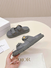 DIOR CLASSIC DOUBLE-STRAP SLIDES 25S IN ASH GRAY CALFSKIN